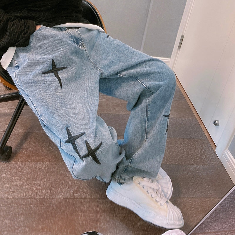 New Embroidered Jeans Men Straight Loose Wide-leg Pants Spring and Autumn Korean Fashion High Street Hip Hop Style Male Trousers