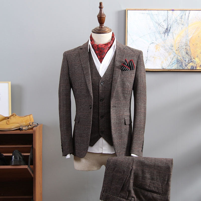 British Style Suit Men 3 Piece Suit Plaid Blazer Trend Groom Wedding Suits Tuxedo Business Formal Dress Suit Men&