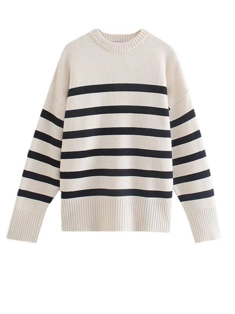 Ladies Autumn Winter Striped Knitted Loose Sweater Women Pullover Tops Long Sleeve O Neck Casual Streetwear Women Sweater Female