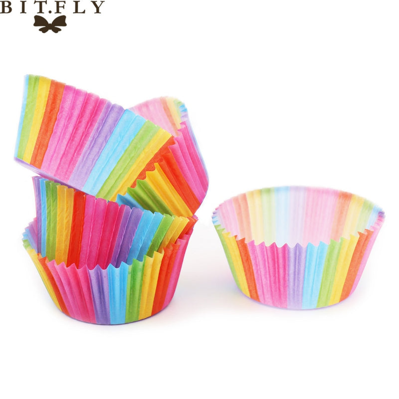 BITFLY 100Pcs Rainbow Cupcakes Paper Liners Muffin Cases Cupcake Topper Tray Baking Accessories Pastry Decoration Kitchen Tools