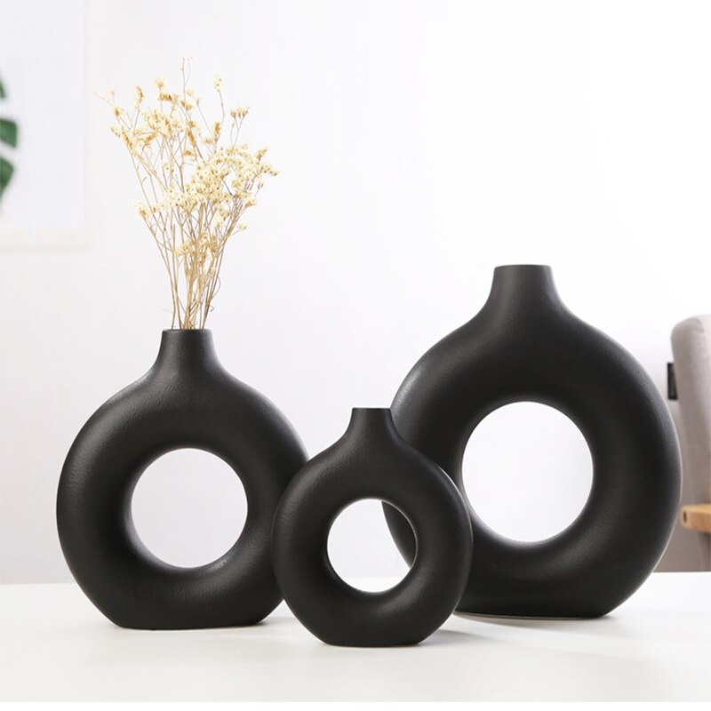 Nordic Ceramic Vase Circular Hollow Donuts Flower Pot Home Living Room Decoration Accessories Interior Office Desktop Decor Gift