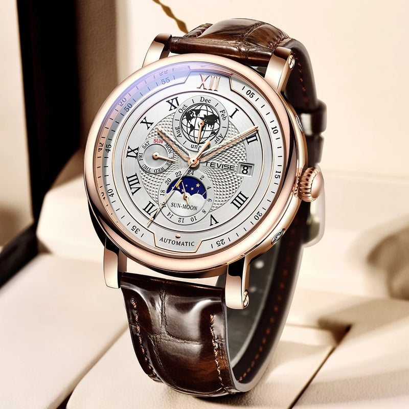 2022 TEVISE Business Waterproof Mens Mechanical Watches Top Brand Luxury Leather Watch For Men Moon Phase Automatic Wristwatch