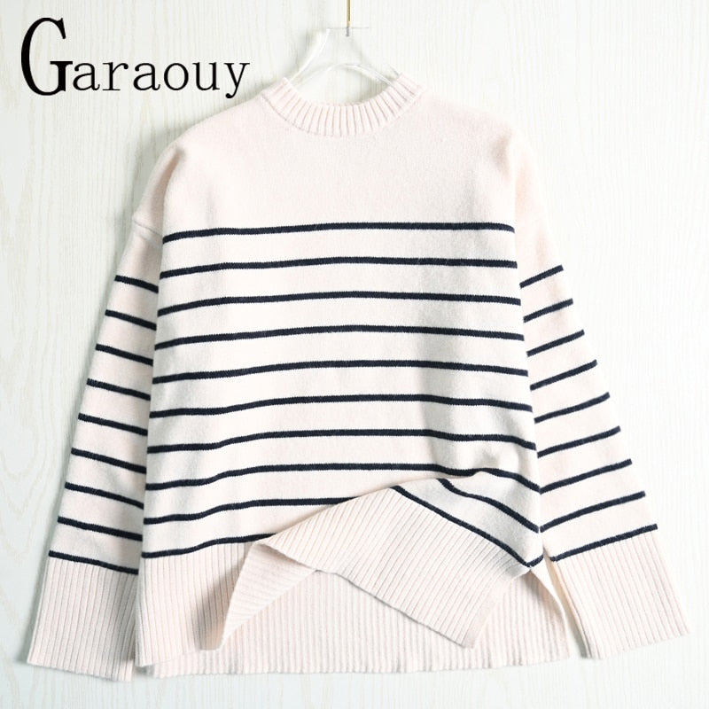 Garaouy 2022 Autumn Women's Slit Loose O Neck Long Sleeve Striped Sweater Lazy Soft Knit Jumper Female All-match Pullover Mujer