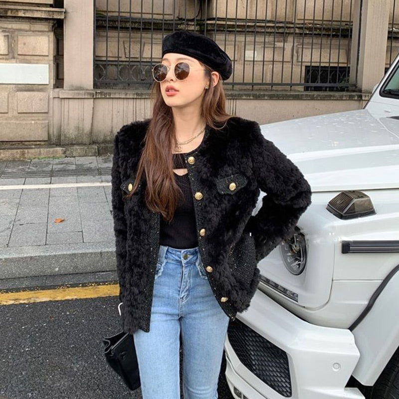 Lucyever Korean Fashion Lamb Wool Coats Women Streetwear O-Neck Faux Fur Jackets Woman 2022 Autumn Winter Thick Warm Plush Coat