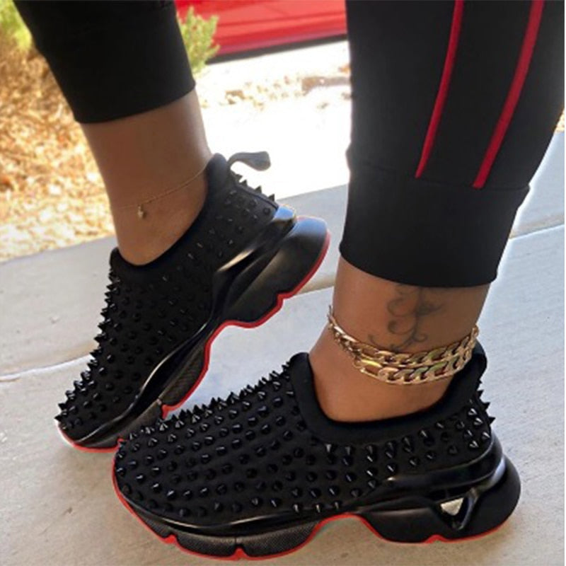 2022 Sneakers Women Vulcanized Woman Rivet Sports Shoes Female Platform Wedges Ladies Leopard Casual Slip On Footwear Plus Size