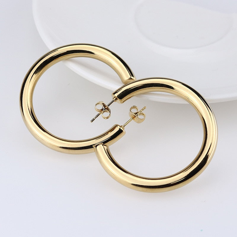 Oversize Gold Plated Hoop Earring Simple Thick Round Circle Stainless Steel Earrings for Women Punk Hiphop Jewelry Brincos 2022