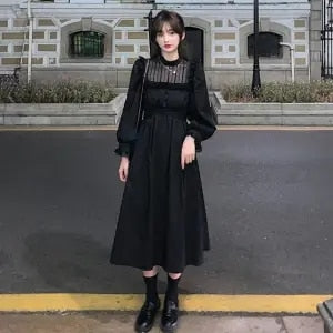 QWEEK Gothic Black Lace Dress Women Casual Elegant Party Midi Ruffle Long Sleeve Dress Emo Y2k Goth Clothes 2022 Spring Robes