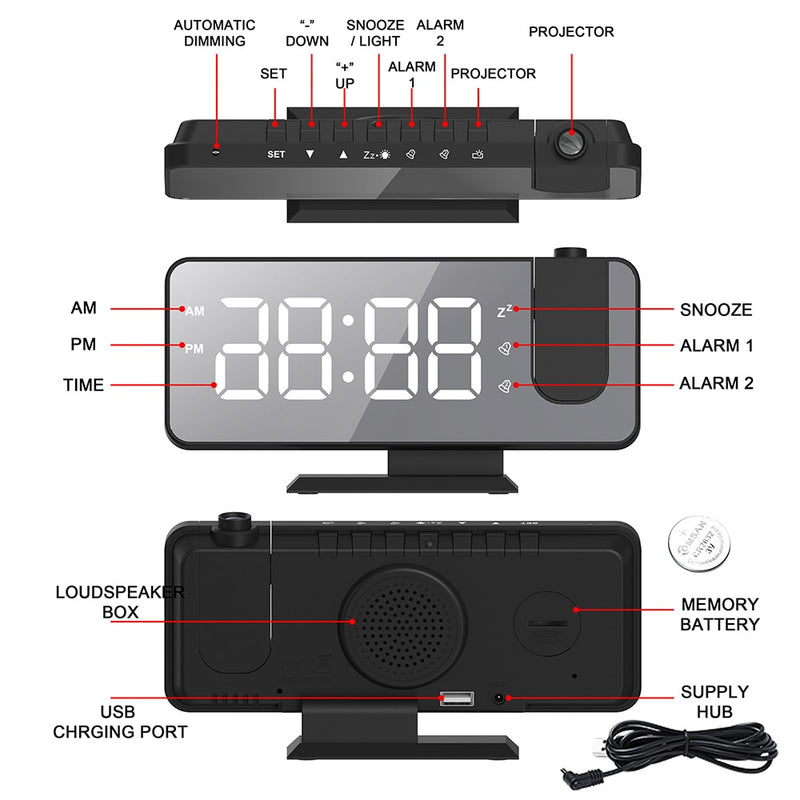 180° Time Projection LED Digital Smart Alarm Clock Watch Table Electronic Desktop Clocks USB Wake Up Bedroom Bedside Clock