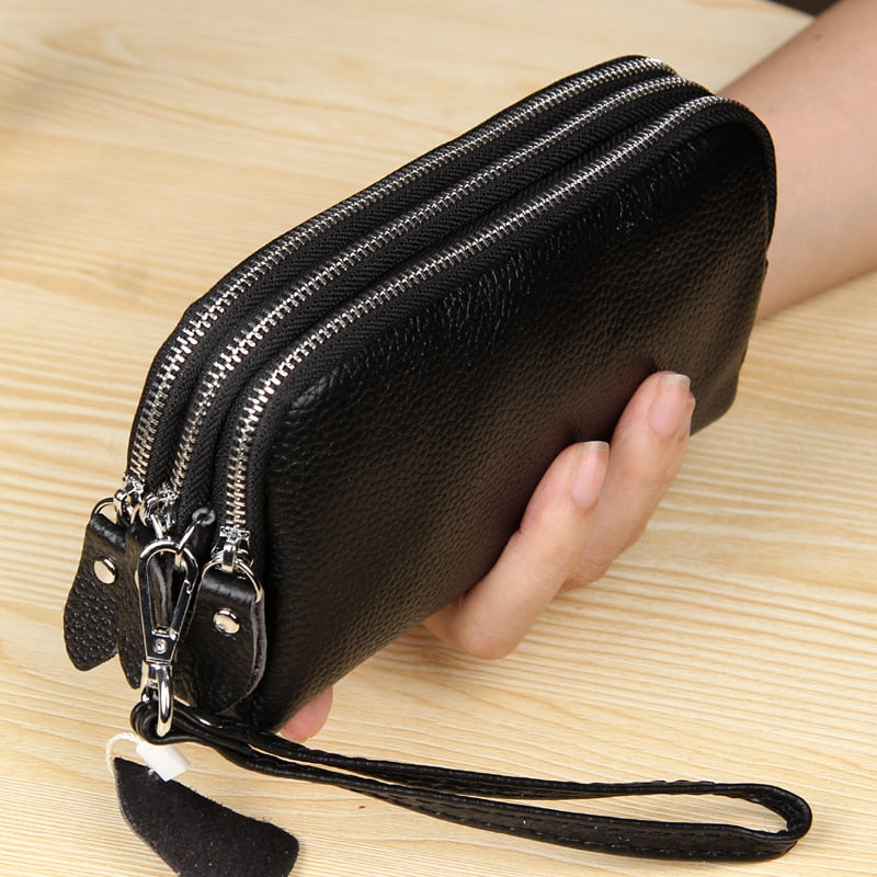 MJ Women Long Wallet Genuine Leather 3-Layer Zipper Purse Bag Large Capacity Wristlet Clutch Wallets Phone Bag Money Purses