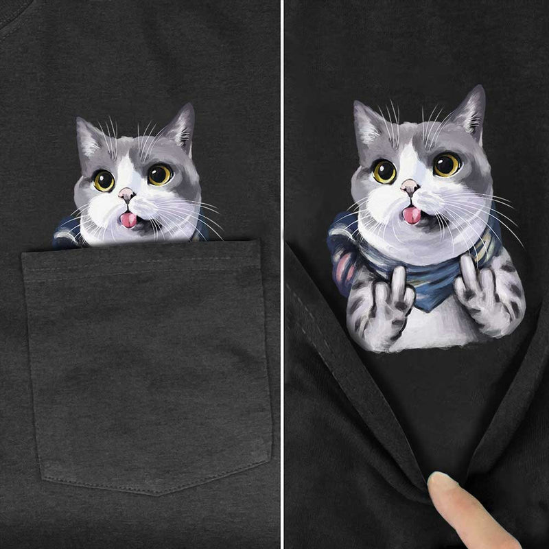 CLOOCL Animal T-Shirt Fashion Brand Summer Pocket Cat Stickers Printed T-shirt Men&
