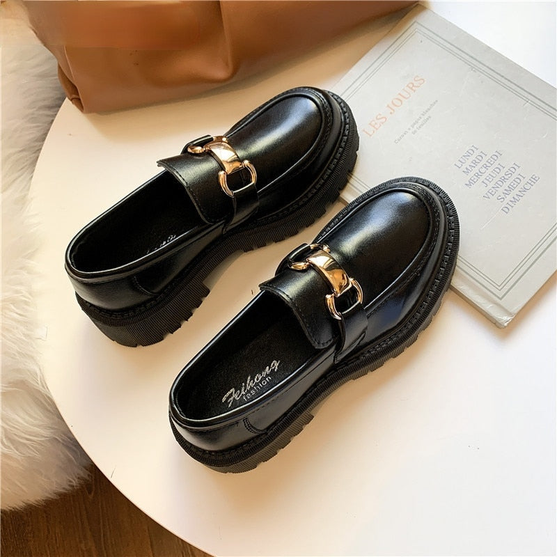 2022 Shoes for Women Loafers Ladies Thick Sole Slip on Flats Creepers Leather Platform Shoes Casual Buckle Shoe Zapatos De Mujer