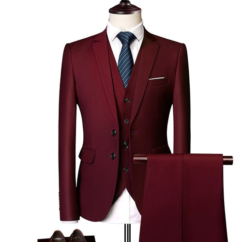 (Jacket + Vest + Pants) Men&#39;s Suit Three-piece Suit, New Solid Color Slim-fit Boutique Business Fashion Men&#39;s Clothing Suit Set