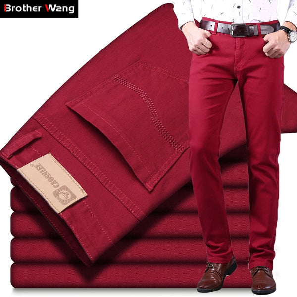 Classic Style Men&#39;s Wine Red Jeans Fashion Business Casual Straight Denim Stretch Trousers Male Brand Pants