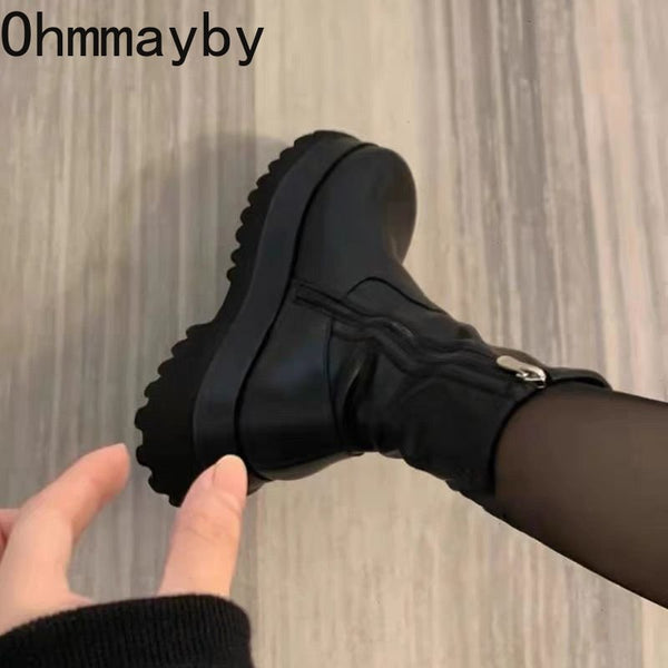 2022 New Winter Punk Style Women Ankle Boots Fashion Thick Sole Zippers Short Boot Ladies Elegant Platform Flats Heel Shoes