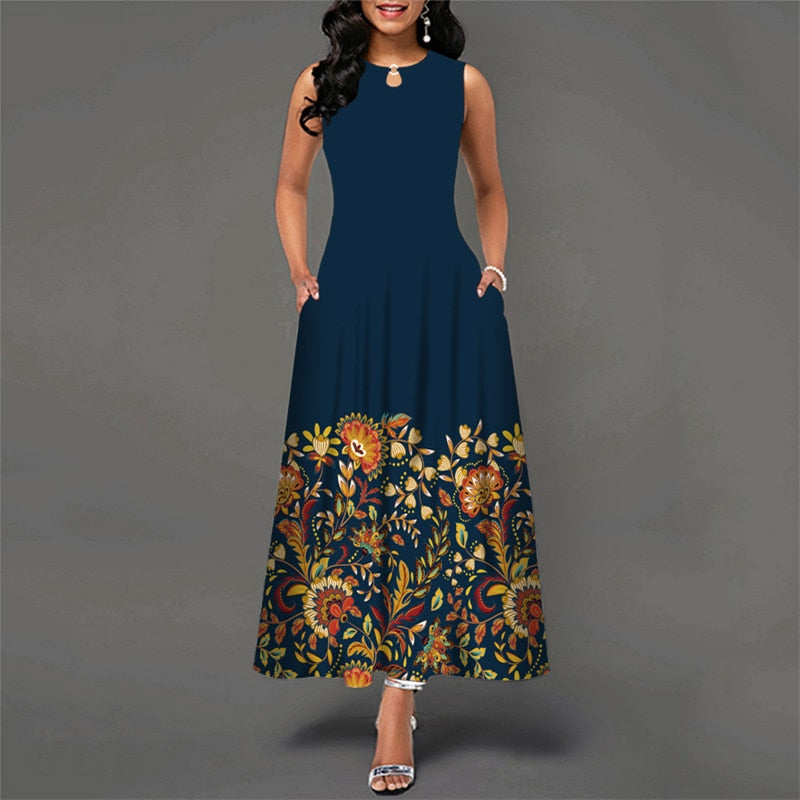 Bohemian Floral Printing Hollow Out Elegant Dresses For Women Large Swing Sexy High Waist Maxi Party Slim Tank Sleeveless Dress