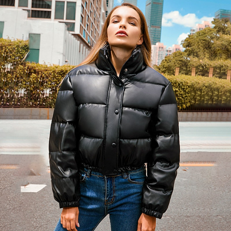 Winter Warm Thick PU Leather Coats Women Short Parkas Fashion Black Cotton Padded Lady Down Jacket Elegant Zipper Clothes 2022