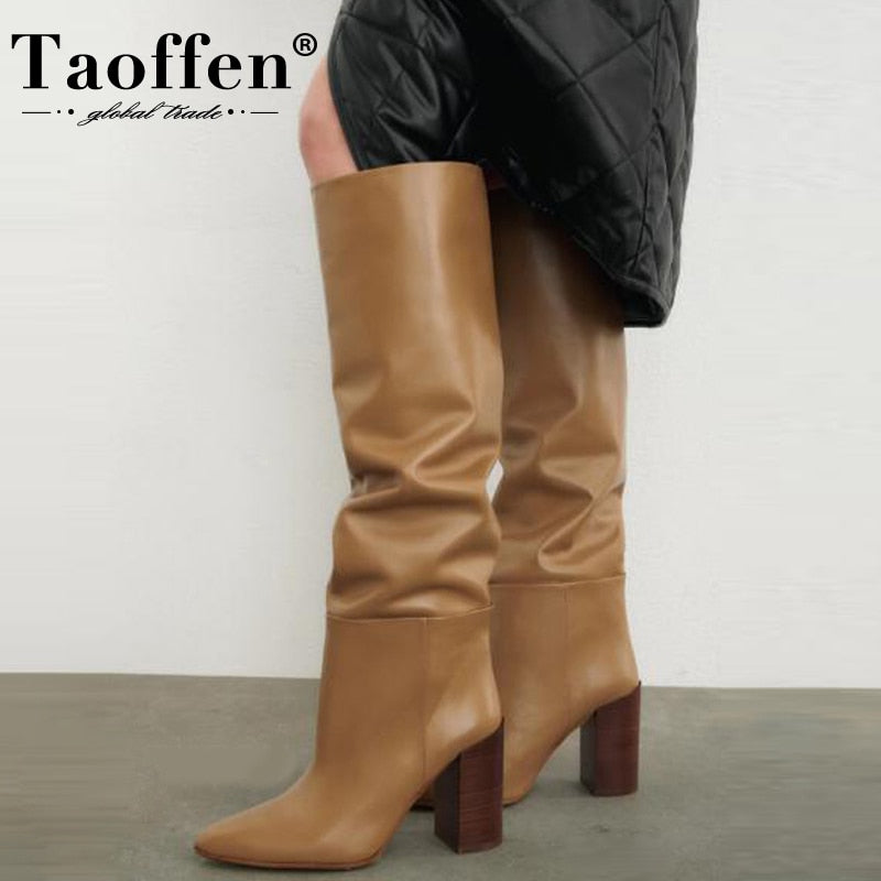 Taoffen 2023 INS Women Genuine Leather Knee High Boots Winter Warm Shoes For Women Fashion Party Club Footwear Size 34-43