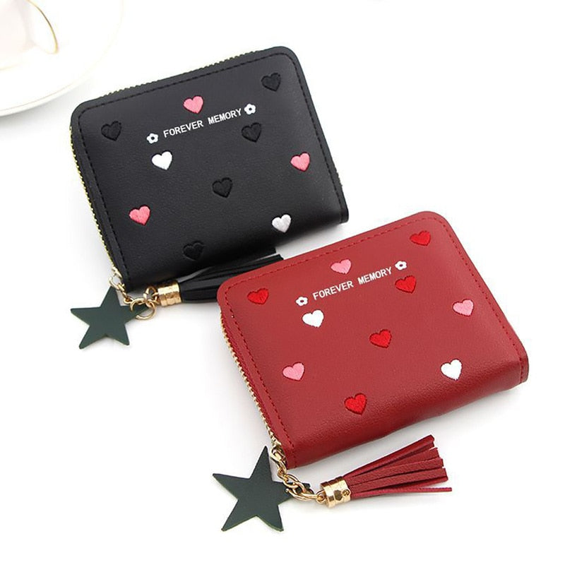 Heart-shaped Spots Women Mini Tassel Wallet Ladies Cute Girl Short Zipper Lovely PU Leather Coin Purse Female Money Bag