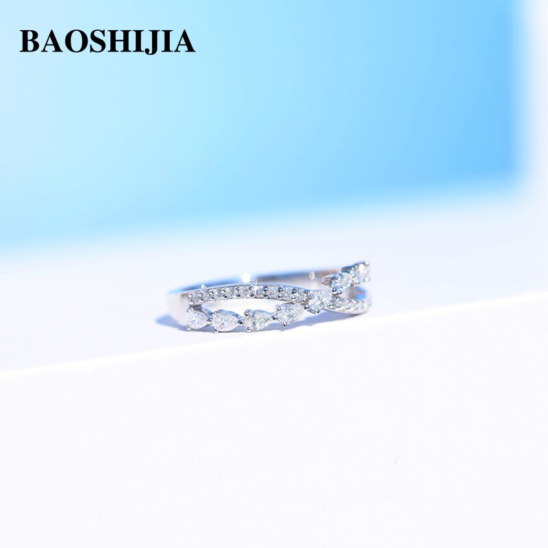 BAOSHIJIA Solid 18K White Gold X-Shaped Waterdrop SI Diamond Ring Engagement Cross Women&