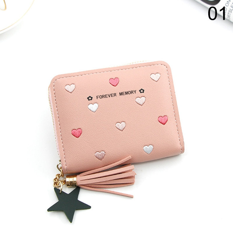 Heart-shaped Spots Women Mini Tassel Wallet Ladies Cute Girl Short Zipper Lovely PU Leather Coin Purse Female Money Bag