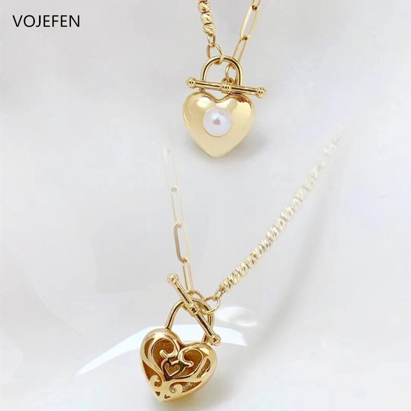 VOJEFEN Original 18K Gold Heart Pendant Necklace Jewelry For Women Pearl Pendant Beads Double Chains Link Dainty Necklace Luxury