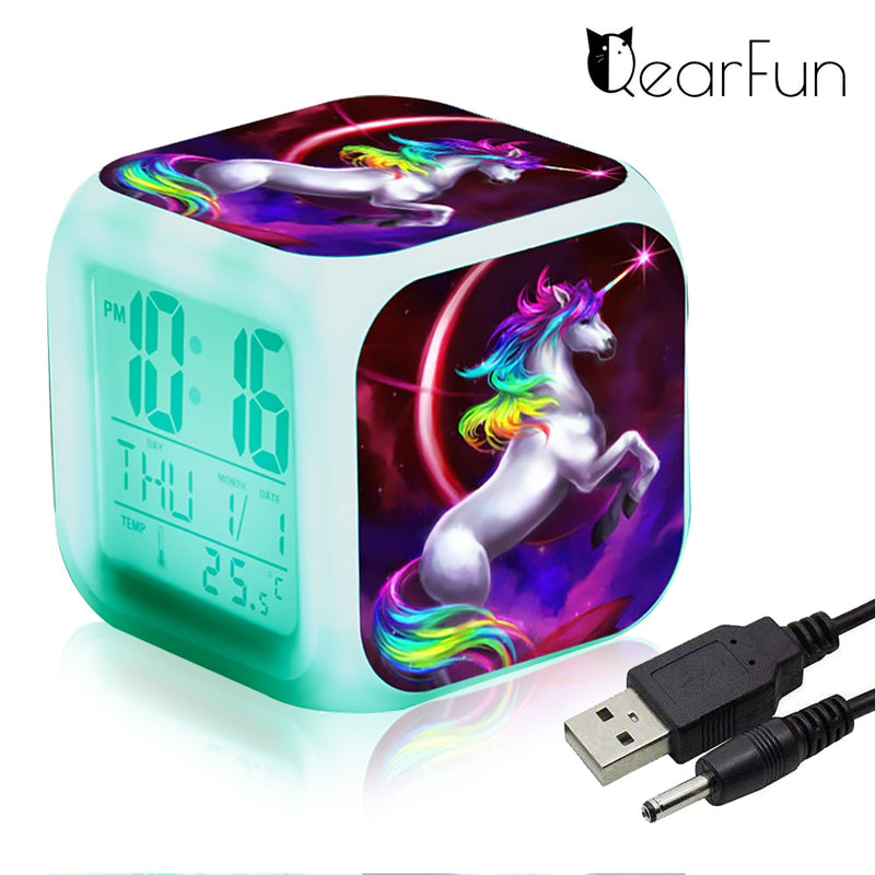 Children Cartoon Unicorn Alarm Clock 7 Led Night Light Desk Clocks Date Temperature despertador Unicornio Kids Birthday Gifts