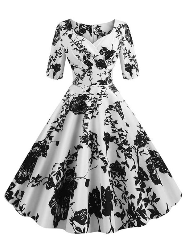 Women Summer Dress Casual Half Sleeve Elegant Vintage Office Party Floral Print Midi Sundress vestidos