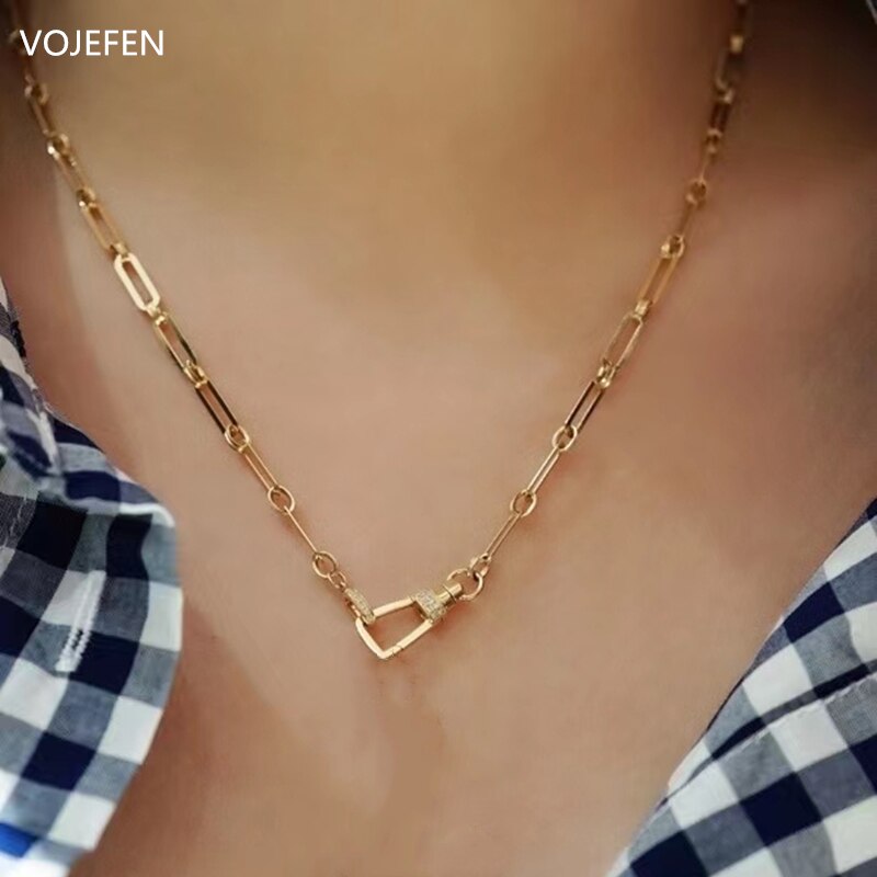 VOJEFEN Genuine 18k Real Gold Link Chain Necklace Jewelry for Women , Handmade/Cross Neck Choker Mini Diamond Fine Jewelri Gift