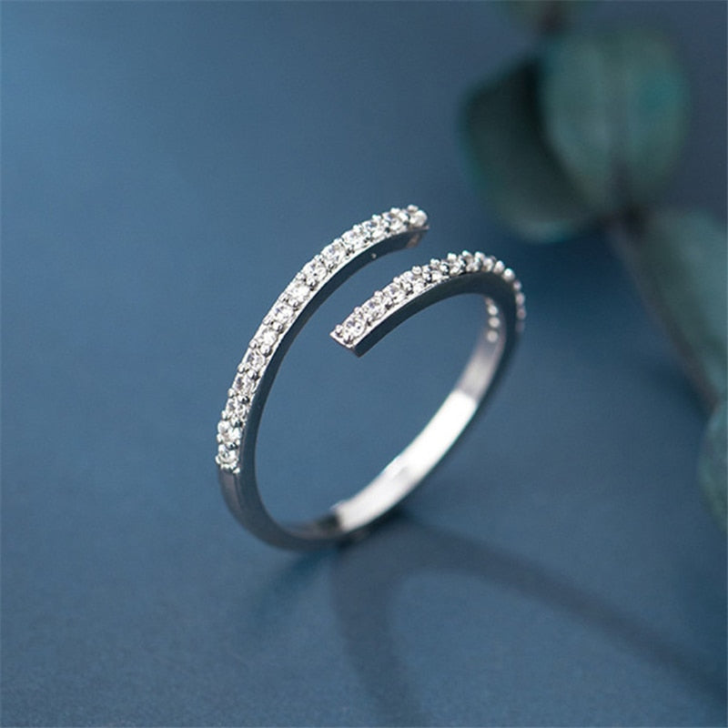 Sole Memory Rhinestone Shiny Cool Zircon Silver Color Female Resizable Opening Rings SRI558