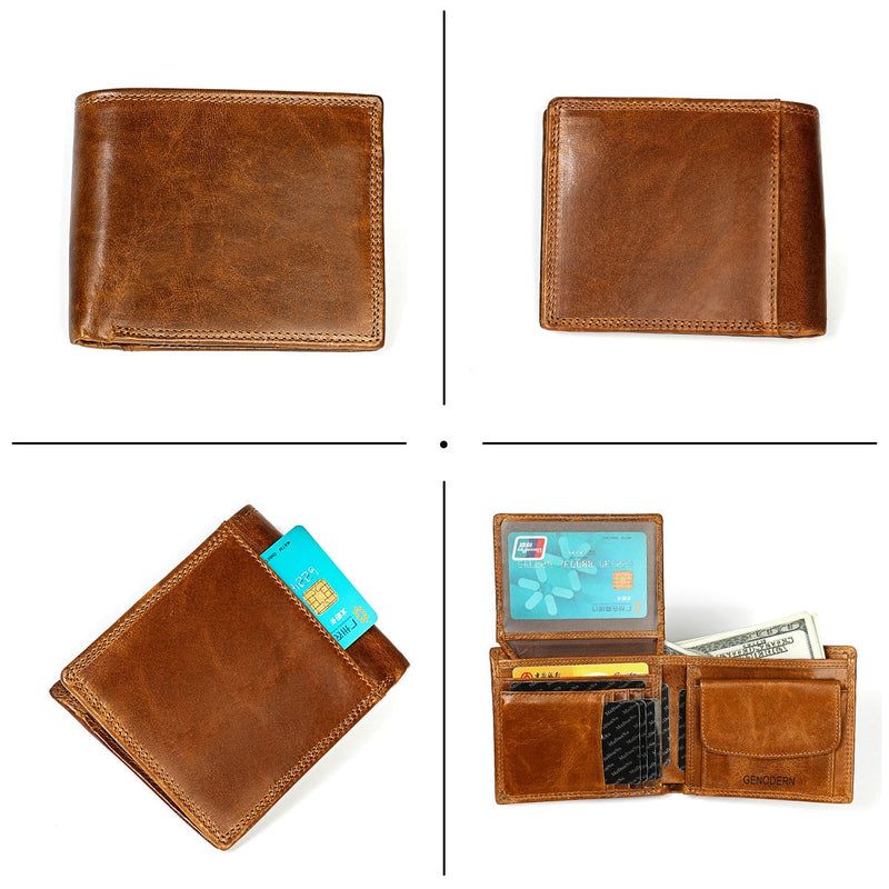 GENODERN Cow Leather Men Wallets with Coin Pocket Vintage Male Purse RFID Blocking Genuine Leather Men Wallet with Card Holders