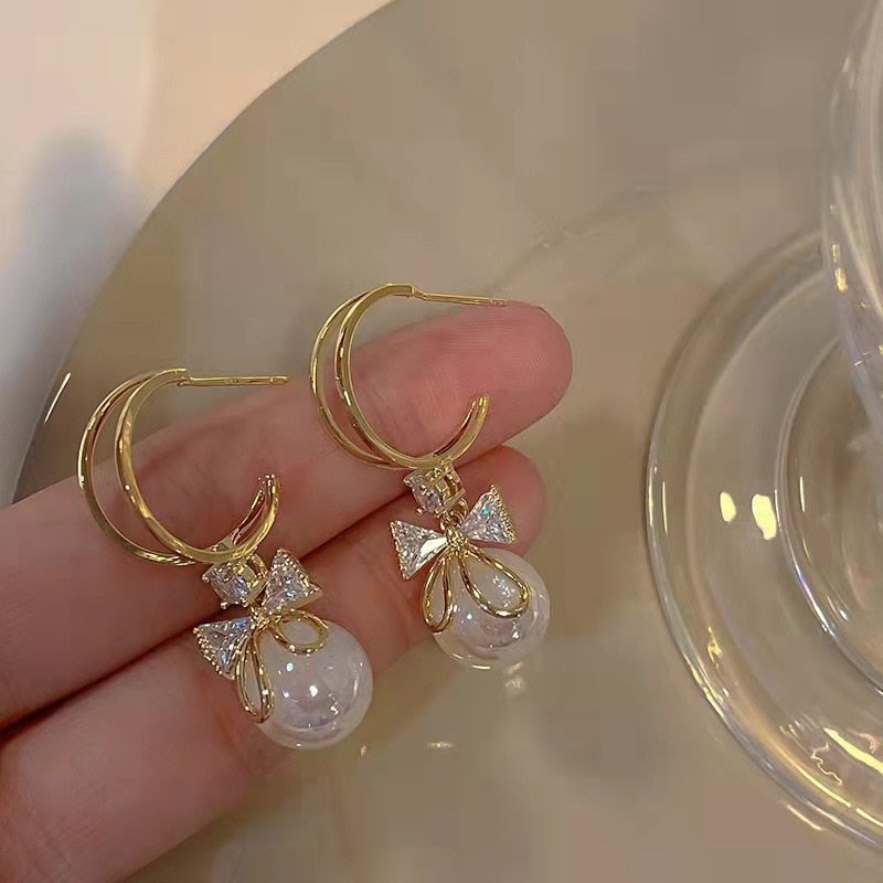 Fashion Trend Crystal Zircon Bow Pendant Earrings For Women Party Girl Imitation Pearl Dangle Earrings Luxury Wholesale Jewelry