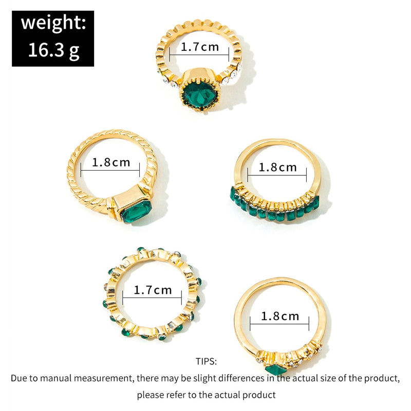 Aprilwell 5Pcs Green Crystal Rings Set for Women Gold Plated Vintage Aesthetic Geometric Luxury Anillos Lady Jewelry Gifts Bague