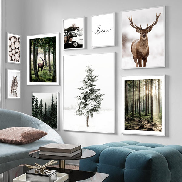 Winter Snow Forest Deer Owl Sunlight Landscape Painting Nordic Morning Scenery Home Decor Canvas Poster Art Print Wall Pictures