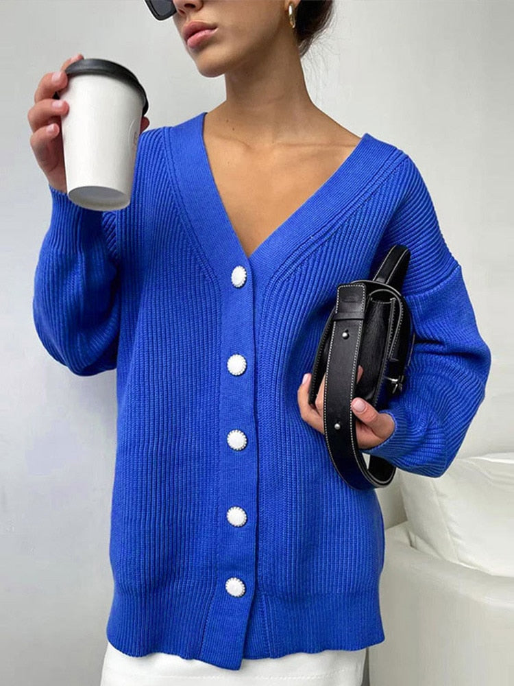 Women V-Neck Solid Sweater Cardigan Elegant Long Sleeve Single-breasted Sweaters 2022 Autumn Winter Female Streetwear Cardigans