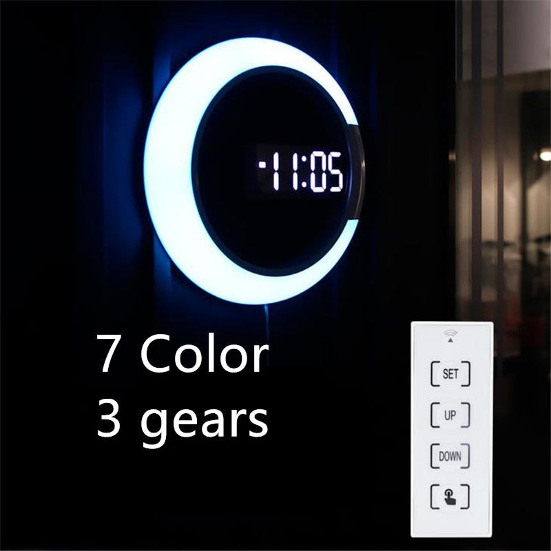 Three Colors 3D Remote Control LED Wall Clock Timing Digital Table Alarm Clock Wall Clock Nightlight For Home Living Room 2#