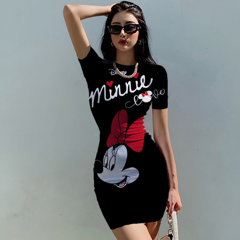 Disney Mickey Mouse Woman Dresses Elegant Dress Office Tight Slim Lady O Neck Summer Casual Cartoon 3D print Mini Dress Vestidos