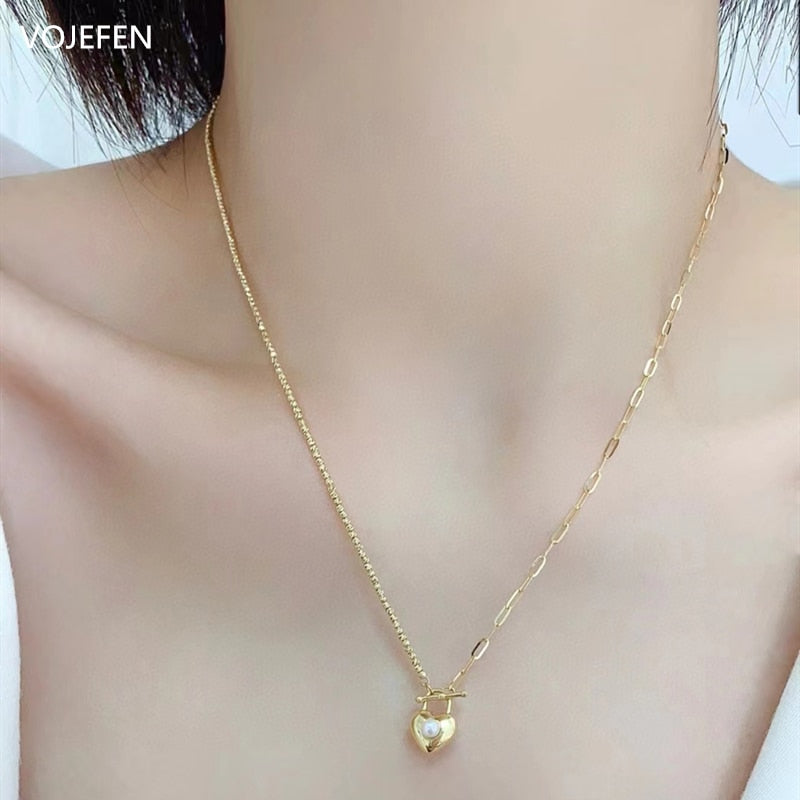 VOJEFEN Original 18K Gold Heart Pendant Necklace Jewelry For Women Pearl Pendant Beads Double Chains Link Dainty Necklace Luxury