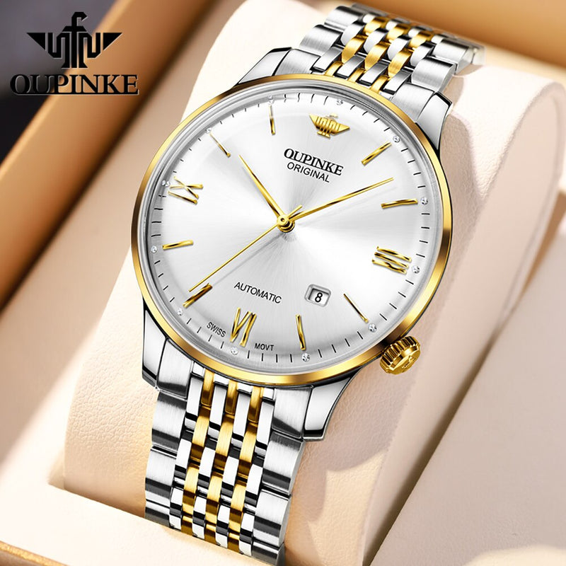 OUPINKE Ultra Thin Mechanical Watches for Men Original Swiss Movement Luxury Sapphire Crystal Mirror Man Waterproof Wristwatch