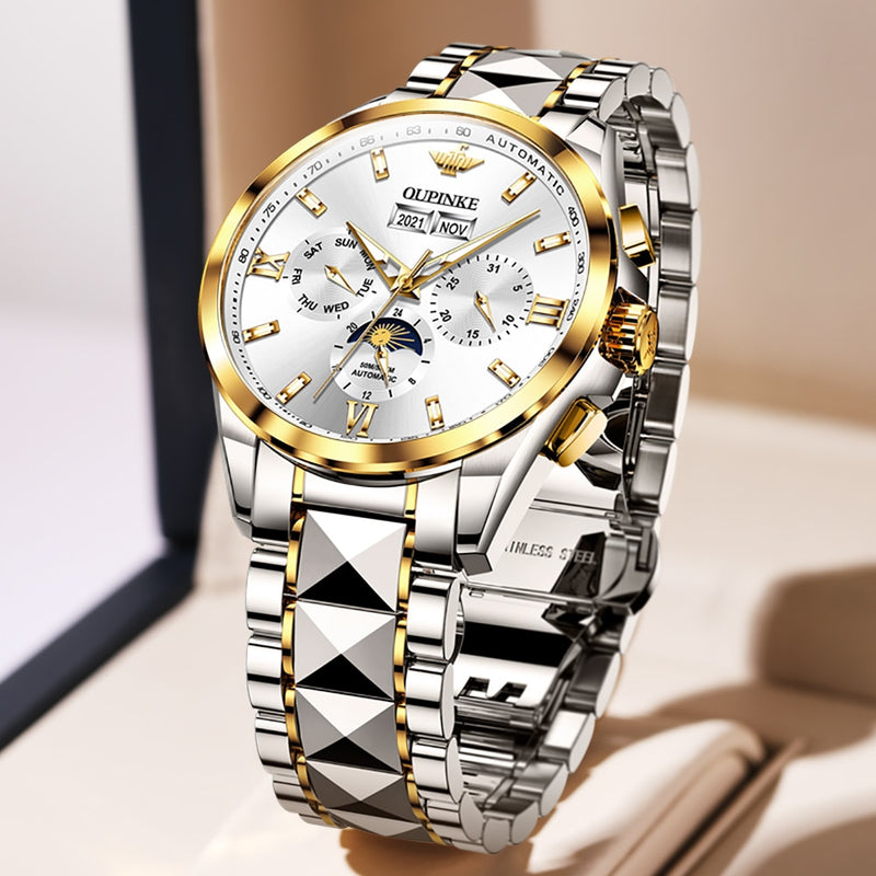 OUPINKE Luxury Automatic Mechanica Watches For Men Luminous Waterproof Sapphire Moon Phase Chronograph Wristwatch