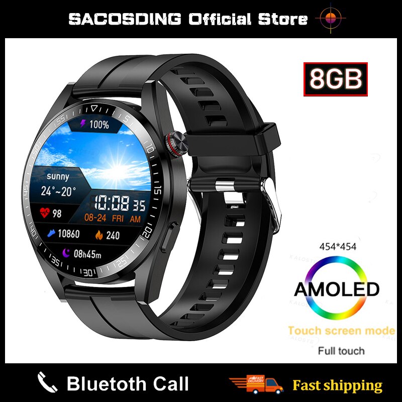 SACOSDING New Smart Watch Mens 8G Memory Local Music Player 454*454 AMOLED Screen Bluetooth Call Sport Man Smartwatch For Huawei