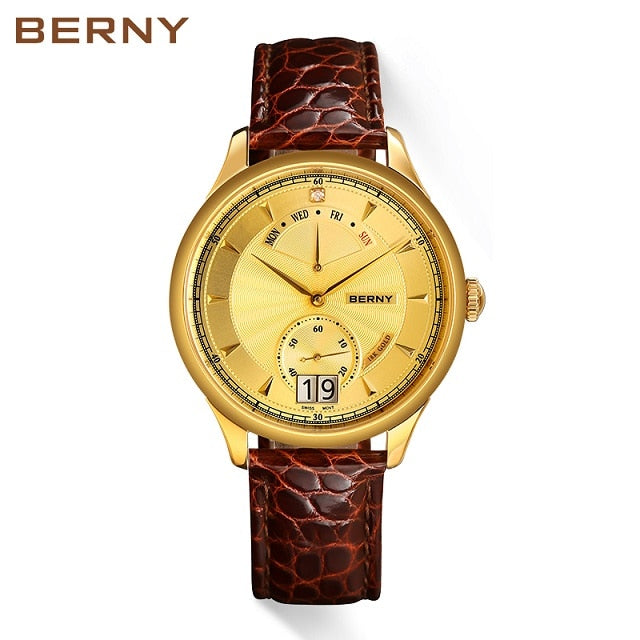 Berny 18K Gold Men Watches Swiss Movement Quartz Wristwatch Day Date Calendar Luxury Business Style Wateproof Relogio Masculino