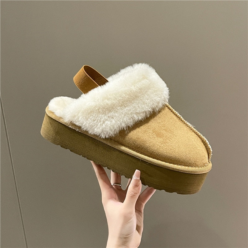 Winter Brand Plush Cotton Slippers Women Flats Shoes 2022 New Fashion Platform Casual Home Suede Fur Warm Slingback Flip Flops