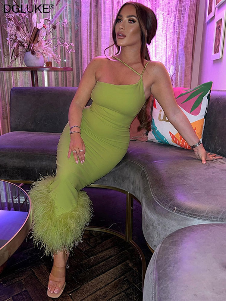 Chic And Elegant Evening Dresses For Women 2022 One Shoulder Fringed Cocktail Party Dress Sexy Bodycon Midi Dress Green Black