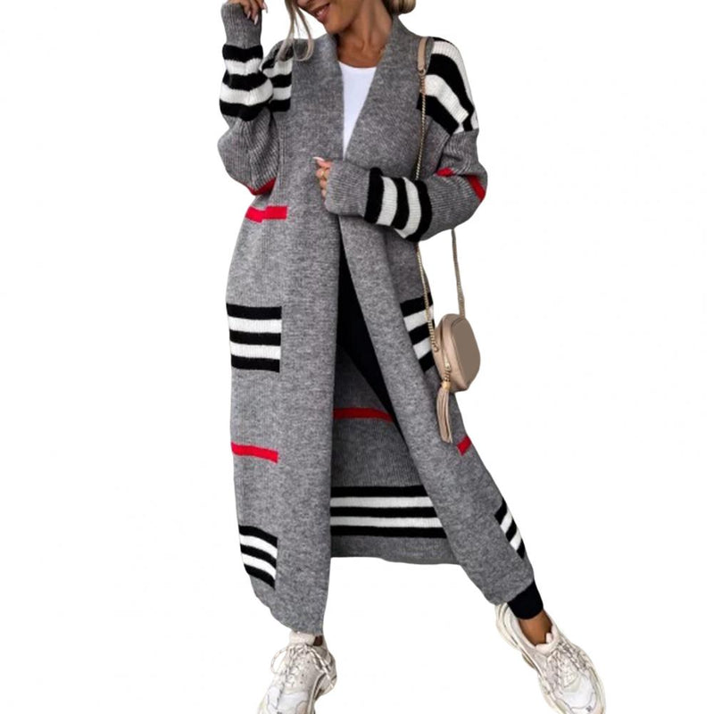 Autumn Winter Knitted Cardigan Women Striped Patchwork 2022 Elegant Loose Long Outerwear Maxi Y2k Sweater Coat Soft Jacket