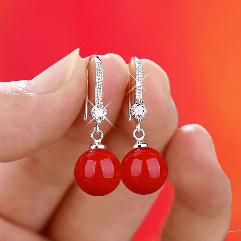 Exquisite Fashion Silver Color Water Imitation Pearls Drop Earrings for Women Shiny Red Green Round Imitation Pearls Earrings