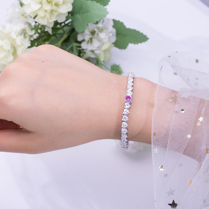 New product fashion jewelry gift 18K white gold pink sapphire heart cut moissanite diamond tennis bracelet