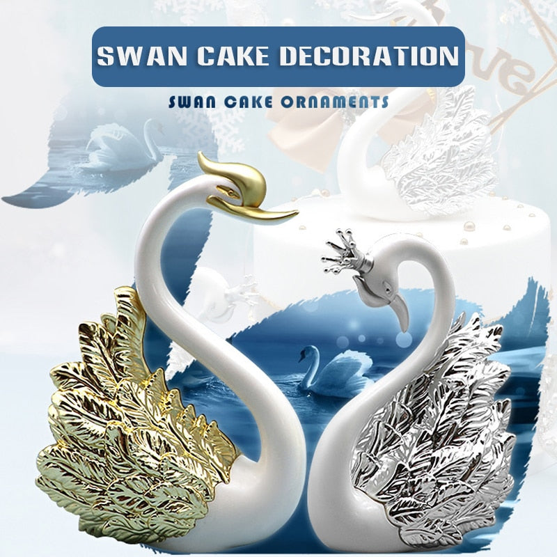 2pcs Swan Couple Figurine Home Decor Love Theme Statue Cake Topper Car Interior Living Room Wedding Decoration Accessories