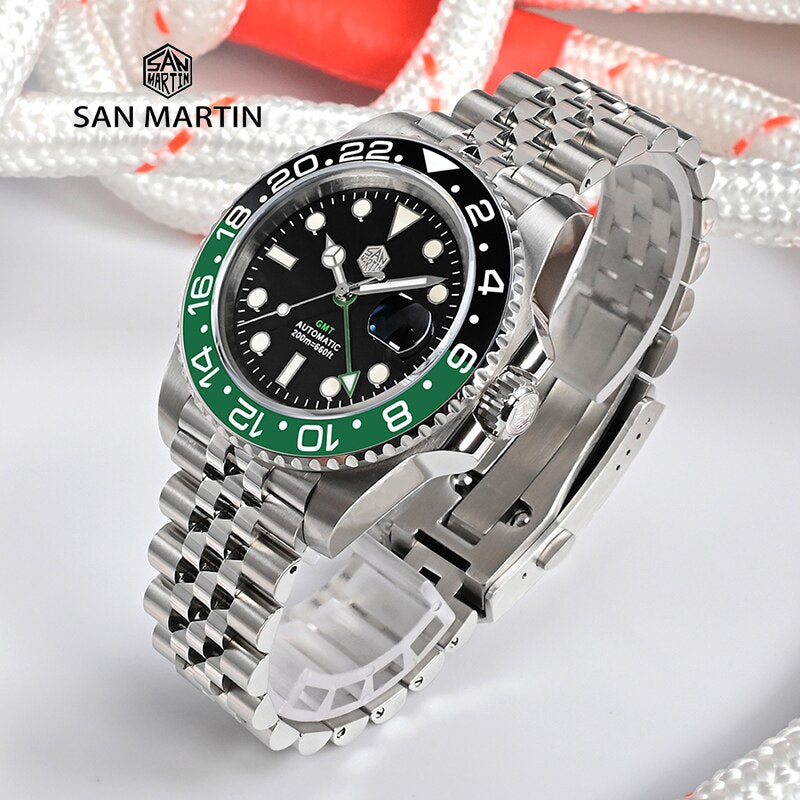 San Martin New Men Watch Mechanical Automatic Link GMT Sapphire Luxury Top Grade Stainless Steel Diving Watch Relogio Masculino