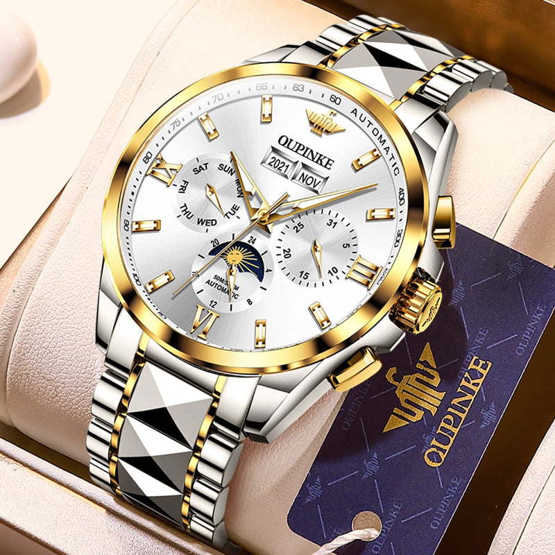 OUPINKE Luxury Automatic Mechanica Watches For Men Luminous Waterproof Sapphire Moon Phase Chronograph Wristwatch