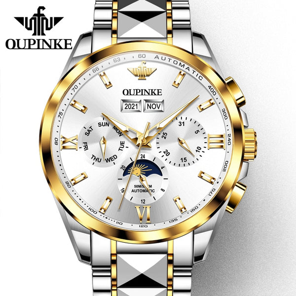 OUPINKE Luxury Automatic Mechanica Watches For Men Luminous Waterproof Sapphire Moon Phase Chronograph Wristwatch